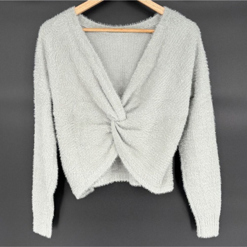 Hollister Women's Twist-Front Fluffy Knit Sweater S Gray Green Preppy Coquette